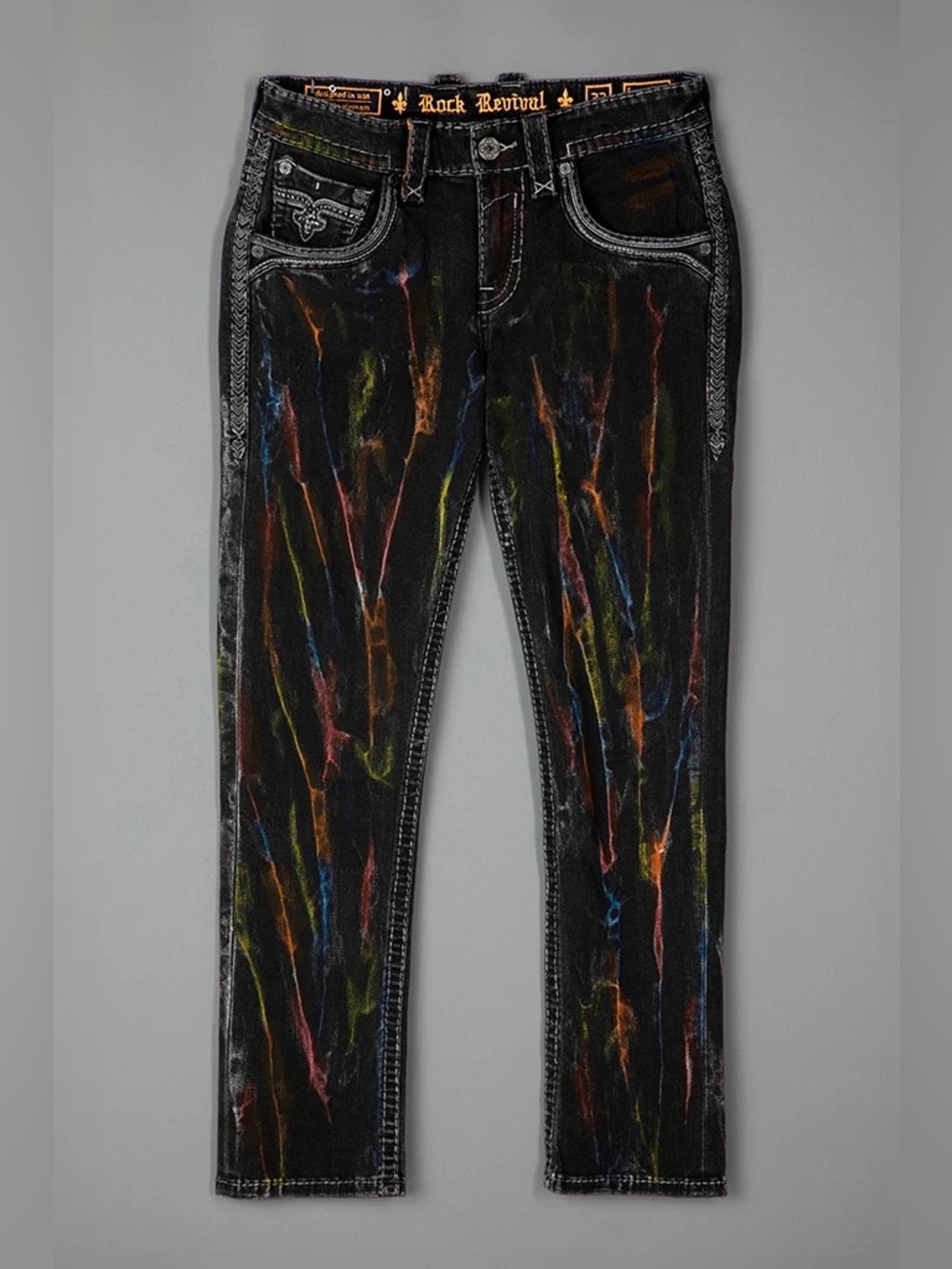 Rock Revival Lunar Rock Alt Straight Men’s Black Jeans with Multicolor Streaks - Picture 2 of 16